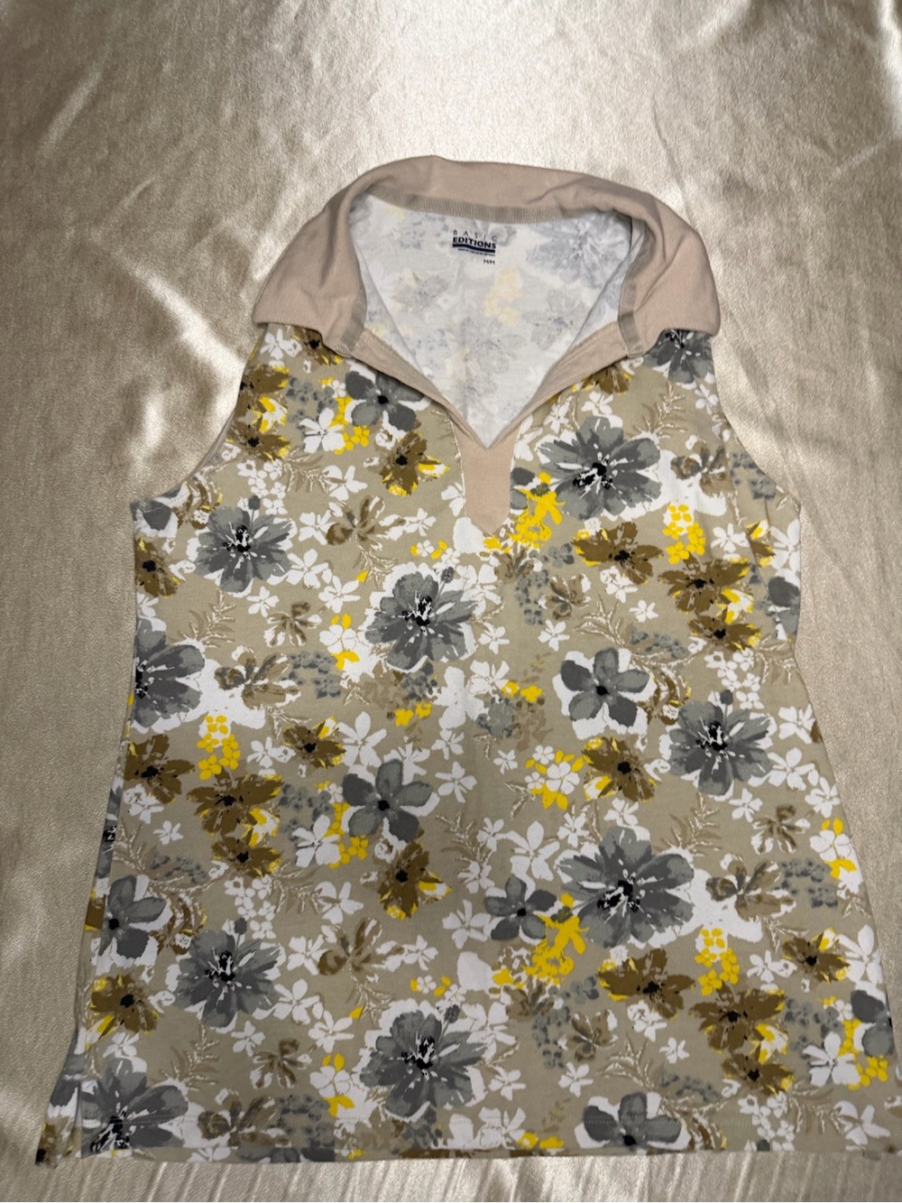 Basic Editions Sleeveless Floral Polo Shirt Size M Cotton Blend